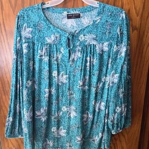Lane Bryant Teal Floral Tie-Neck Peasant Tunic